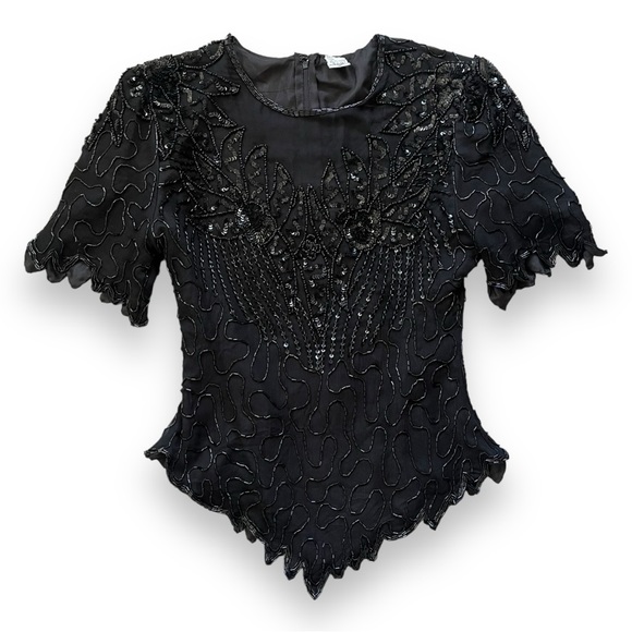 Laurence Kazar Tops - Vintage 80s Laurence Kazar Black Beaded Top